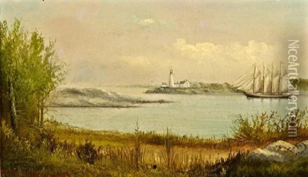 Portland Head Light From Cushing Island Oil Painting - George M. Hathaway