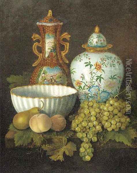 Peaches, grapes, a pear, a porcelain bowl and oriental vases on a plinth Oil Painting - Dutch School