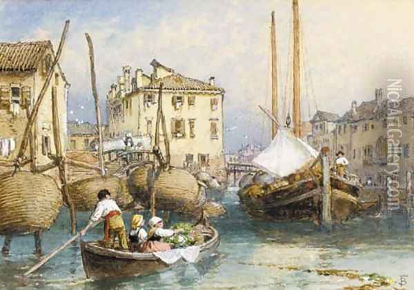 A side canal, Venice Oil Painting - Myles Birket Foster