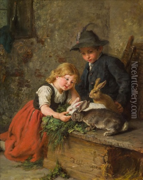 Two Childred Feeding Rabbits Oil Painting - Felix Schlesinger