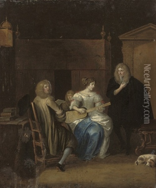 Elegant Company Making Music In An Interior Oil Painting - Hieronymous (Den Danser) Janssens