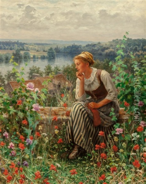 Normandy Girl Sitting In A Garden Oil Painting - Daniel Ridgway Knight