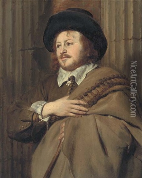 Portrait Of A Gentleman, Half-length, In A Brown Costume And Cape And A Black Hat, Standing By A Classical Column Oil Painting - Gonzales Coques