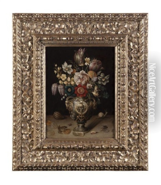 Memento Mori Au Bouquet De Tulipes, Insectes, Coquillages Et Pieces De Monnaies Oil Painting - Georg Flegel