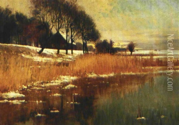 Vinterlandskab Med Solnedgang Over En So Oil Painting - Gustav Gildemeister