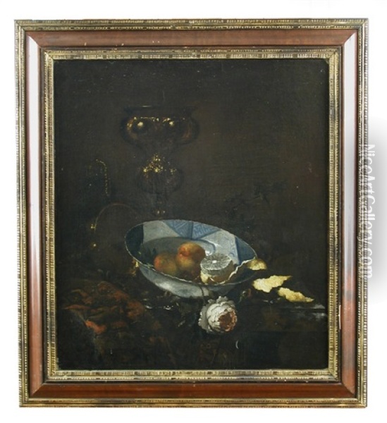 Still Life Of A Wanli Kraak Bowl With A Peeled Lemon, Peaches And A Rose On A Marble Ledge, In Front Of A Goblet All Upon A Turkey Rug Oil Painting - Christian Striep