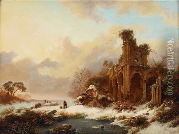 Winter Landscape With Castle Oil Painting - Frederik Marinus Kruseman