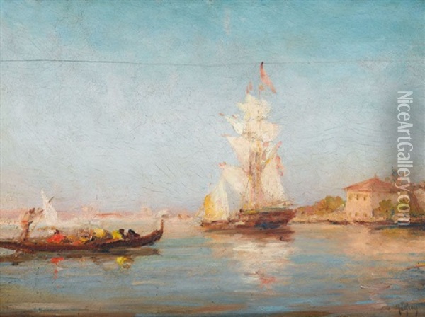 Sudliche Uferpartie Mit Einem Segelschiff Oil Painting - Henri Malfroy-Savigny