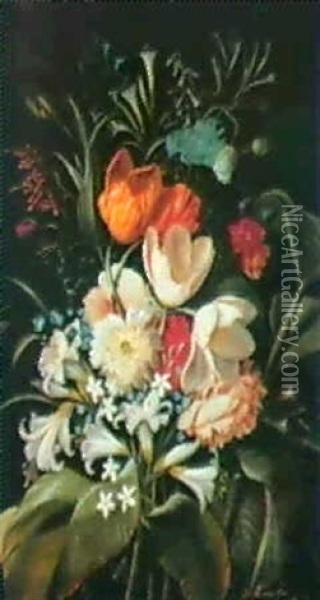 Blomsterstilleben Med Buket Aftulipaner,valmuer Og Liljer Oil Painting - Michelangelo Meucci