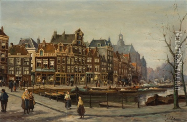 View Of The Prinsengracht With The Noorderkerk, Amsterdam Oil Painting - Jan Geerard Smits