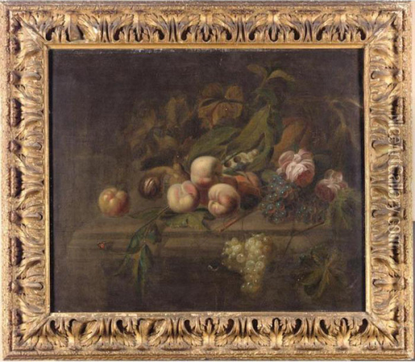 Still Life With Peaches, Grapes,
 A Melon And Other Fruit Together On A Stone With A Butterfly And A Rose Oil Painting - William Sartorius