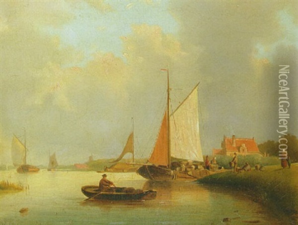 A River Landscape With Peasants Unloading A Sailing Vessel Oil Painting - Gerarda Henriette Matthyssen