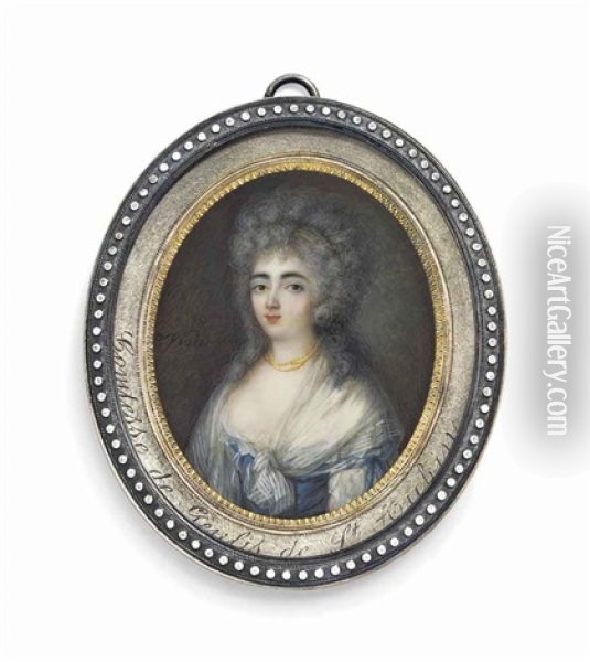 Stephanie Felicite Ducrest De Saint-aubin, Comtesse De Genlis (1746-1830), In White Dress With Blue Bodice And Blue Bows Tied At Her Upper Arm, Striped Gauze Scarf Tied At Corsage Oil Painting - Pierre Noel Violet