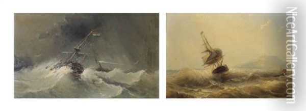 Ships In Choppy Waters (+ A Sailing Vessel And A Steamer In Heavy Weather; 2 Works) Oil Painting - Nicolaas Riegen