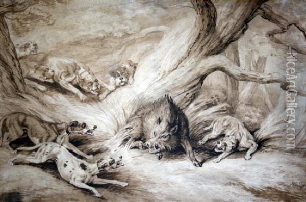 Hounds With A Boar At Bay Oil Painting - Samuel Howitt