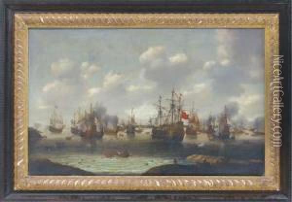 The Dutch Attack On The English Fleet In The Medway In June1667 Oil Painting - Pieter Cornelisz. van SLINGELANDT