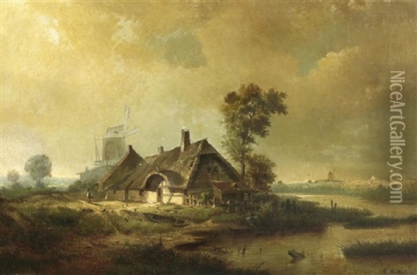 Friesische Landschaft Mit Gehoft Und Windmuhle Oil Painting - Heinrich Hartung the Elder