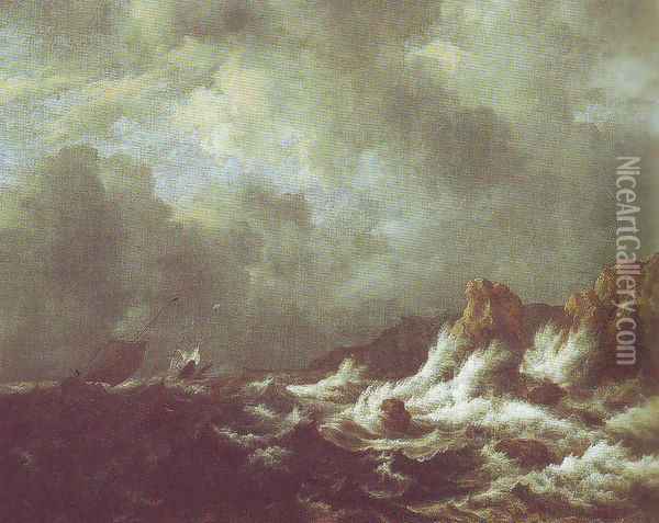 Rough sea with sailing vessels off a rocky coast Oil Painting - Jacob Van Ruisdael