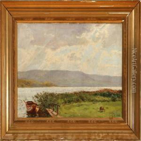 Coastal Scene From The Silkeborg Lakes, Denmark Oil Painting - Godfred B.W. Christensen