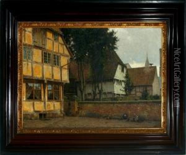 The Old Pharmacy In Ribe Town, Denmark Oil Painting - Carl Martin Soya-Jensen