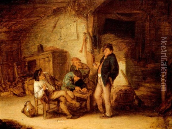 Four Peasants Conversing In A Cottage Oil Painting - Adriaen Jansz van Ostade