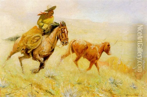 Cutting Back A Steer Oil Painting - Edward Borein