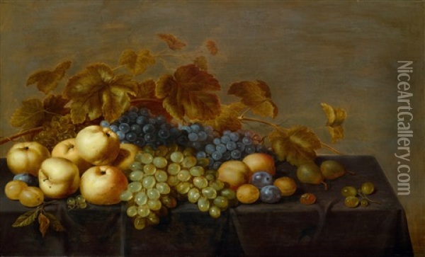 Fruchtestillleben Mit Pflaumen, Apfeln, Trauben Und Birnen Auf Einem Tisch Oil Painting - Floris Gerritsz. van Schooten