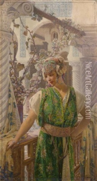 Elegante Sur Une Terrasse En Algerie, 1926 Oil Painting - Louis Auguste Girardot
