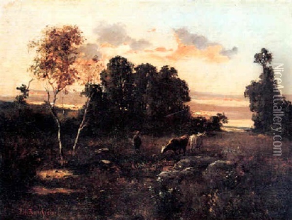 Cows In A Landscape At Sunset Oil Painting - Theodore Rousseau