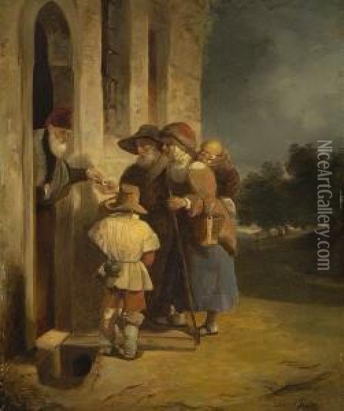 Bettlerfamilie An Der
 Hausture. Oil Painting - Eduard Ritter