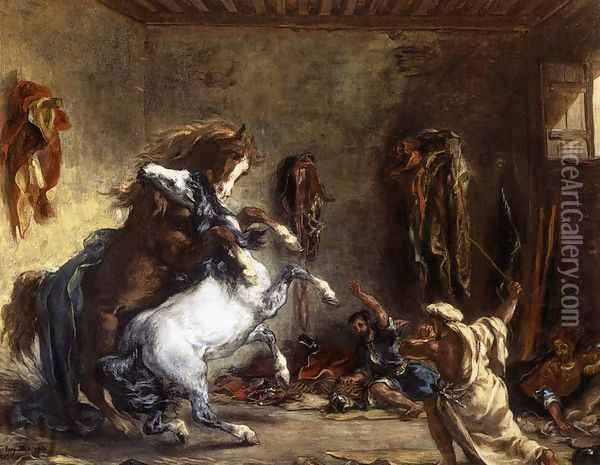 Arab Horses Fighting in a Stable 1860 Oil Painting - Eugene Delacroix