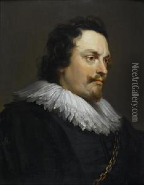 Portrait Of A Gentleman, Bust-length, In A Black Tunic And White Lace Collar Oil Painting - Pieter Thijs