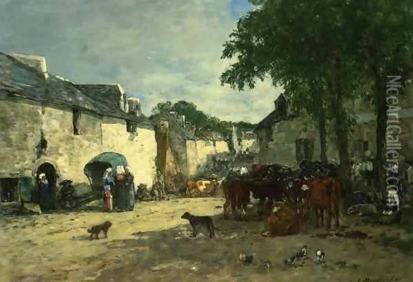Cattle Market at Daoulas, Brittany Oil Painting - Eugene Boudin