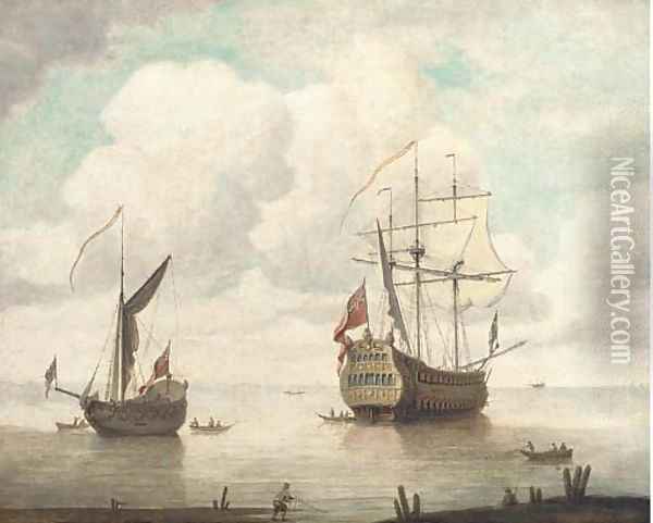 The flagship departing from her anchorage Oil Painting - Willem van de, the Elder Velde
