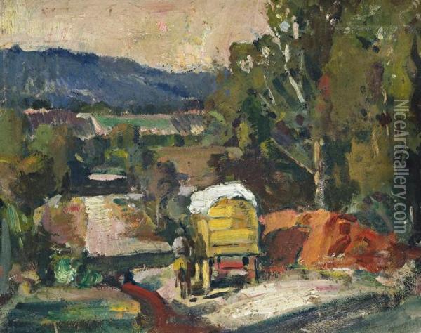 Man On Horse Beside Cart Oil Painting - Frank R. Crozier