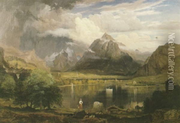 A Majestic Alpine Landscape With Goatherds And Their Flock Resting On A Rock In The Foreground And A Dinghy On A Lake Beyond Oil Painting - Samuel Lancaster Gerry