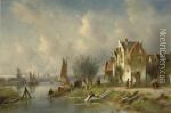 A Sunny Day By The River Oil Painting - Charles Henri Leickert