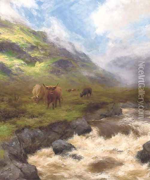Highland cattle by a stream in full spate Oil Painting - Peter Graham