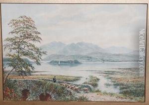 Lake Windermere With Sheep And A Figure Oil Painting - Albert Dunnington