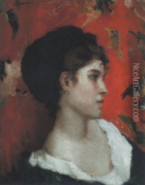 Portrat Einer Jungen Dame Vor Roter Tapete Oil Painting - Francesco Saverio Altamura