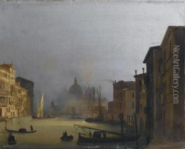 Veduta Della Chiesa Della Salute Dal Ponte Dell'accademia, Venezia Oil Painting - Ippolito Caffi