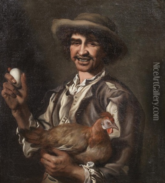 A Man Holding An Egg And A Chicken Oil Painting - Giacomo Francesco Cipper