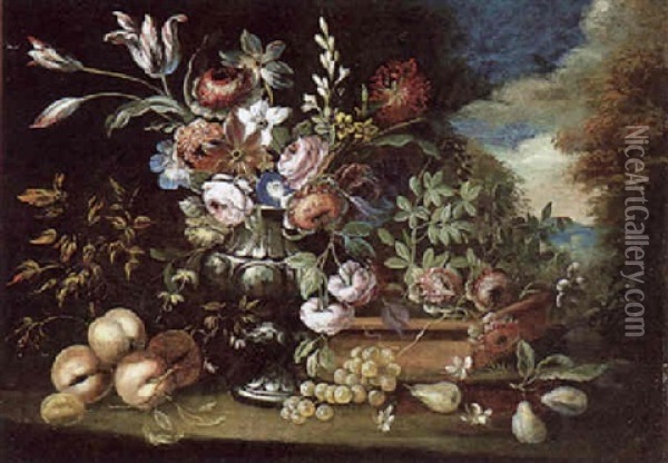 Blumenstraus In Einer Metallvase Und Fruchte In Einer Landschaft Oil Painting - Giuseppe Lavagna