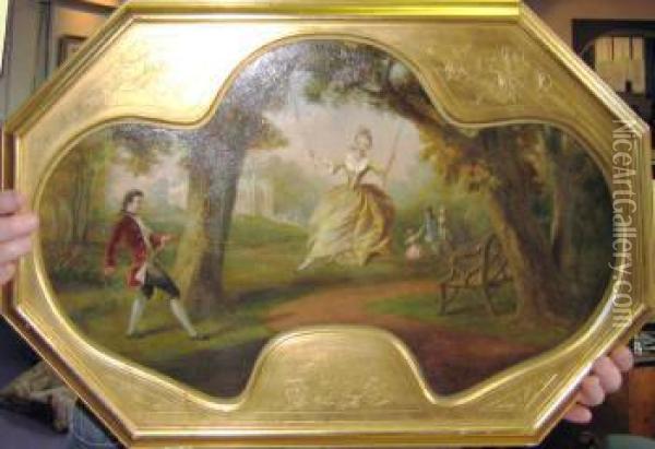 'a Suite On Four Panels, 
Including A Girl On Swing With Otherfigures In The Grounds Of A Fine 
Villa', Oil On Panels, Signed Anddated, 32cm X 63cm , Framed Oil Painting - Edmund Thomas Parris