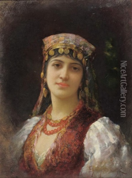 Portrait Of An Oriental Girl, Head And Shoulders, Wearing A Cream Dress And Waistcoat Oil Painting - Emile Eisman-Semenowsky
