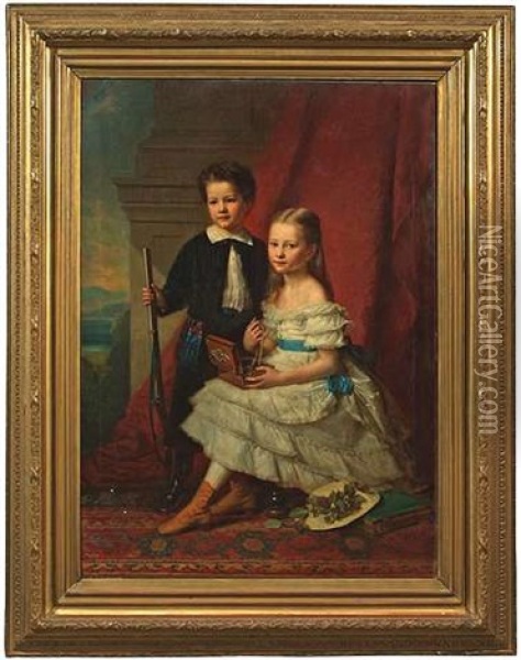 Bildnis Eines Geschwisterpaares Vor Rotem Vorhang Oil Painting - Georg Friedrich Erhardt