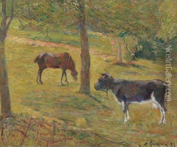 Vache Et Cheval Dans Un Pre Oil Painting - Paul Gauguin