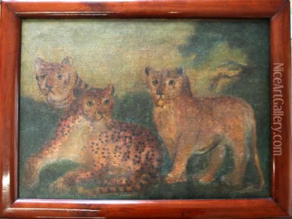 Three Big Cats: A Tiger, A Leopard And A Lioness Oil Painting - Edward Hicks
