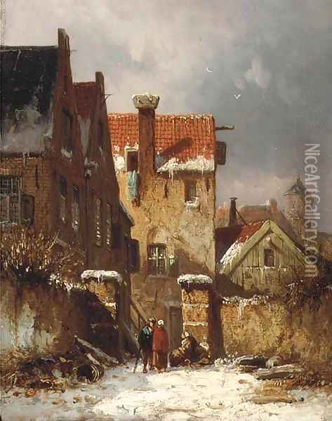 Figures conversing in a Dutch town in winter Oil Painting - Adrianus Eversen
