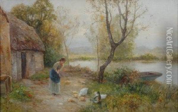 Feeding Ducks. Oil Painting - Ernst Walbourn